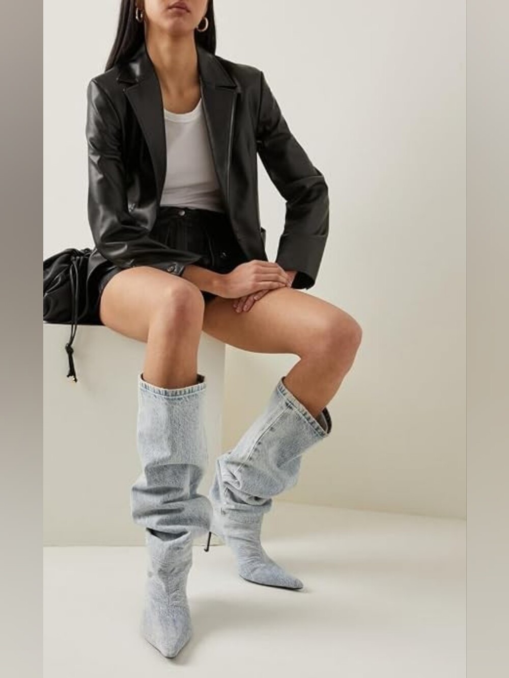 Chic Light Wash Blue Denim Knee-High Kitten Heel Boots